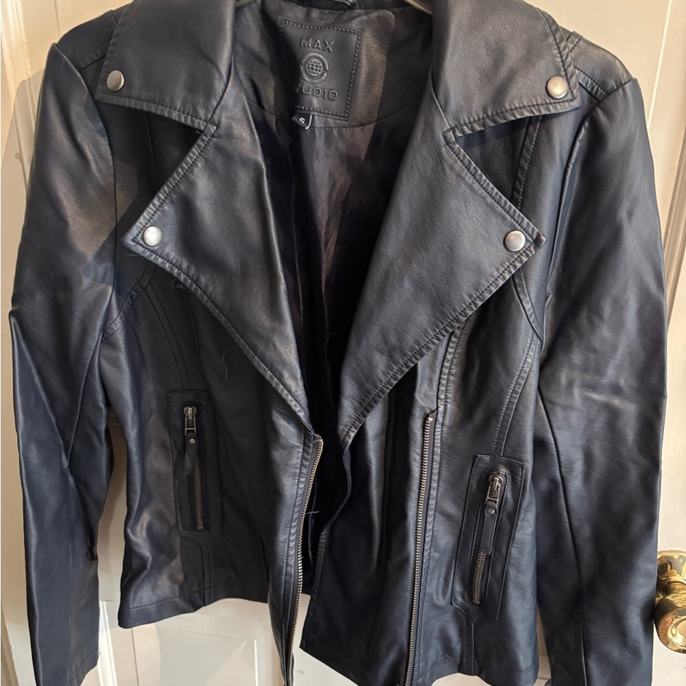 Max Studio Navy Faux Leather Jacket - Picture 3 of 8
